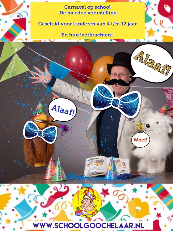 De voorstelling van de schoolgoochelaar als Carnaval goochelaar is geschikt voor scholen en Carnavals verenigingen.